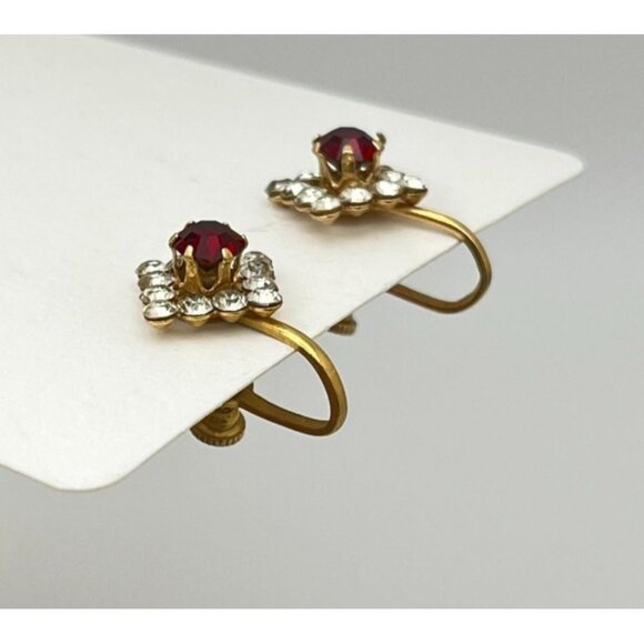 Vintage Gold Electroplate Red Rhinestone Earrings Screw Back Studs - Picture 4 of 6